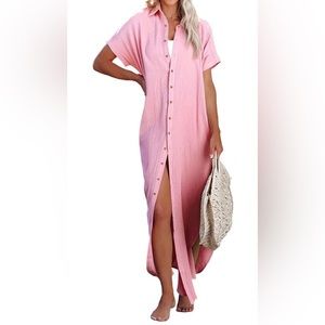 BRAND NEW Pink Short Sleeve Side Split Button Down Long Swimsuit Cover Up Size S